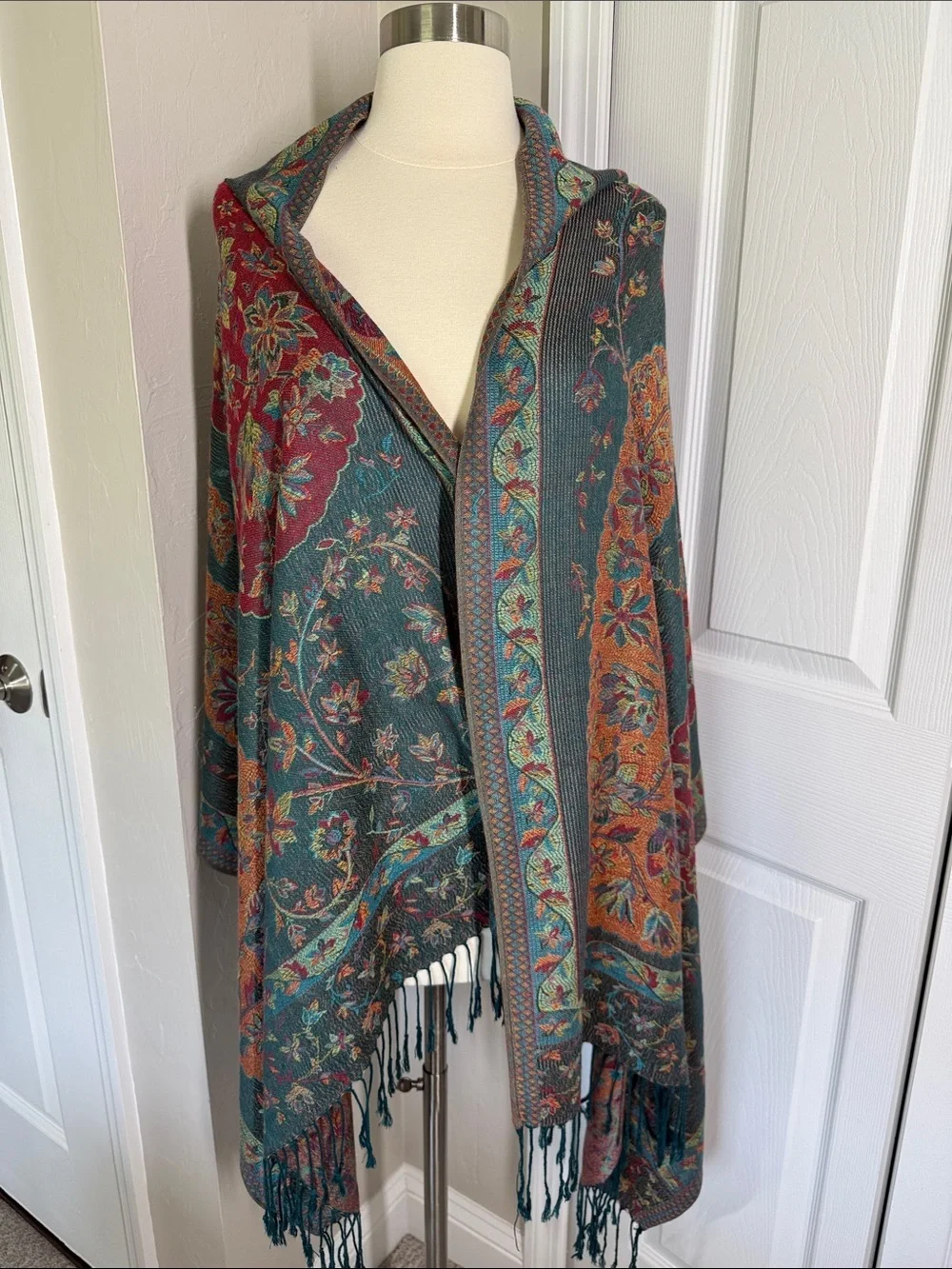 Teal, burgundy maroon and gold paisley print scarf/shawl pashmina
